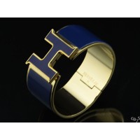 Hermes Blue Enamel Clic H Bracelet Narrow Width (33mm) In Gold